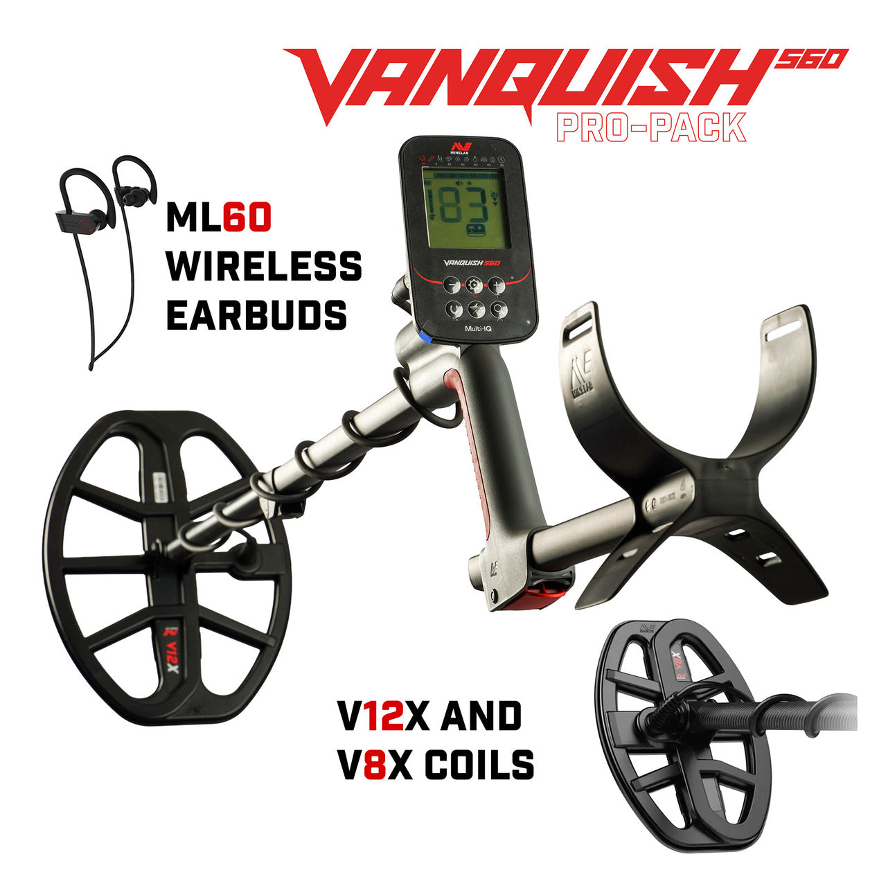 Vanquish metal detector with ML60 wireless earbuds and V12X/V8X coils 