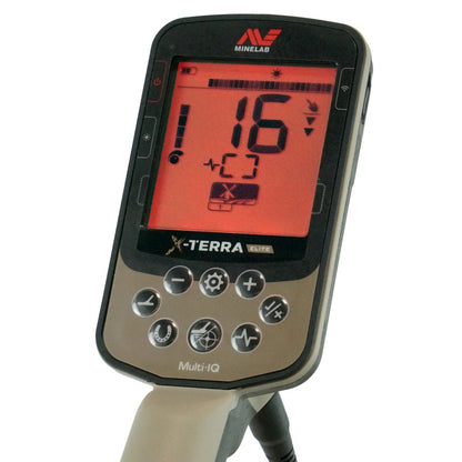 Elite Digital device with a red screen displaying numbers, branded as Minelab X-Terra Multi IQ